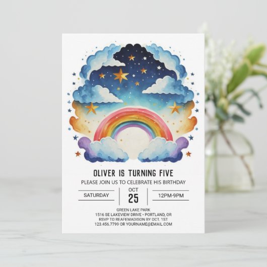 Boho Whimsy Clouds Geburtstag Einladung (Stehend Vorderseite)