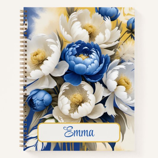 Boho White and Blue Peony Floral Spiral Notizblock (Vorderseite)