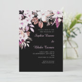 Boho White and Pink Floral Herbst Schwarze Hochzei Einladung (Stehend Vorderseite)