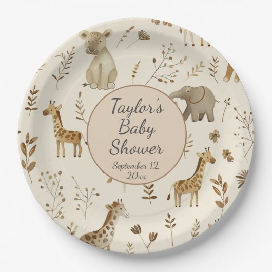 Boho White Beige Jungle Animals Baby Dusche Pappteller (Vorderseite)