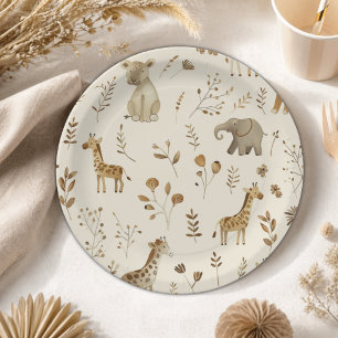 Boho White Beige Jungle Animals Pappteller