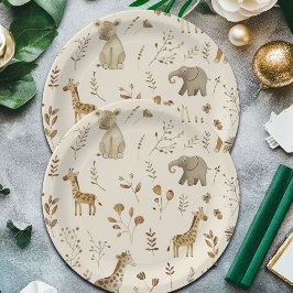 Boho White Beige Jungle Animals Pappteller