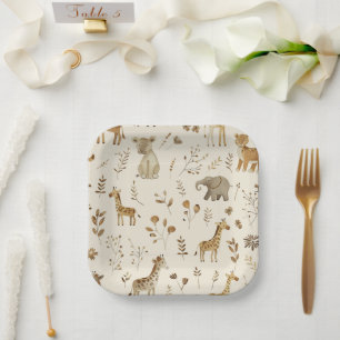 Boho White Beige Jungle Animals Pappteller