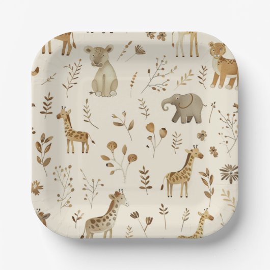 Boho White Beige Jungle Animals Pappteller (Vorderseite)