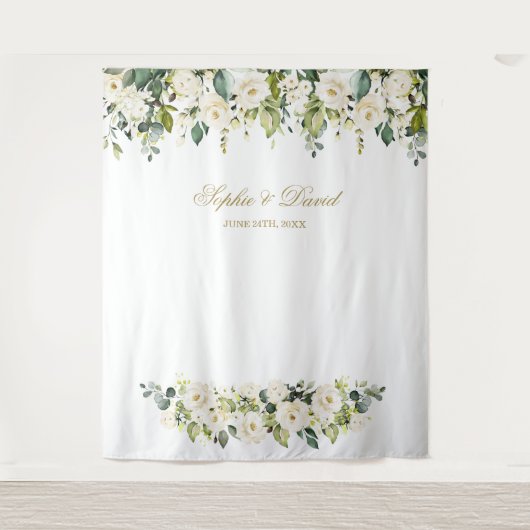 Boho White Blume Hochzeit Foto Stand Hintergrund Wandteppich (Vorderseite)