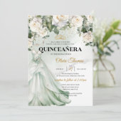 Boho White Dress & White Roses Grüne und Gold Einladung (Stehend Vorderseite)