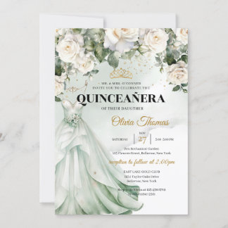 Boho White Dress & White Roses Grüne und Gold Einladung