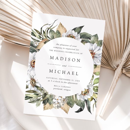 Boho White Floral Greenerity Frame Wedding Einladung