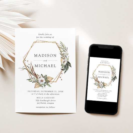 Boho White Floral & Greenerity Wedding Einladung