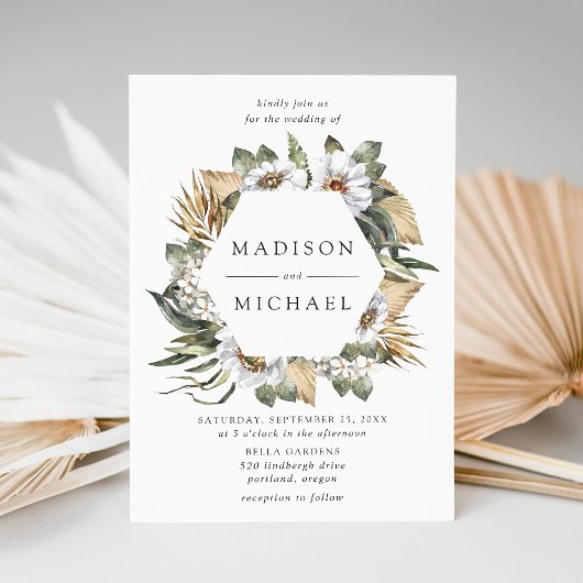 Boho White Floral & Greenerity Wedding Einladung