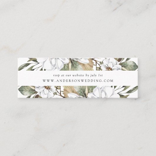 Boho White Floral Greenerity Wedding RSVP Cards Mini Visitenkarte (Vorderseite)