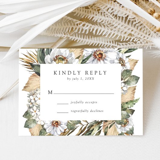 Boho White Floral & Greenerity Wedding RSVP Karte