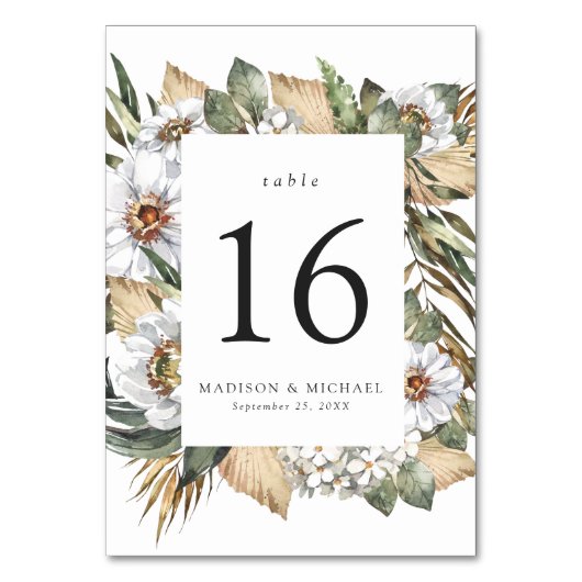 Boho White Floral & Greenerity Wedding Tischnummer (Vorderseite)