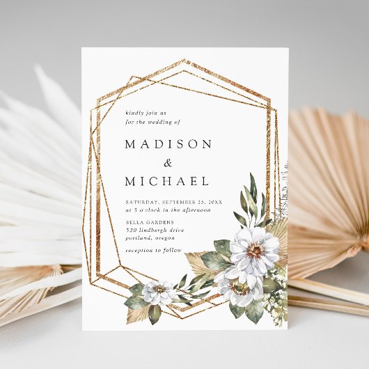 Boho White Floral & Greenery Geometric Wedding Einladung