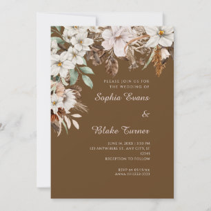 Boho White Floral Herbst Dunkelbraun Hochzeit Einladung
