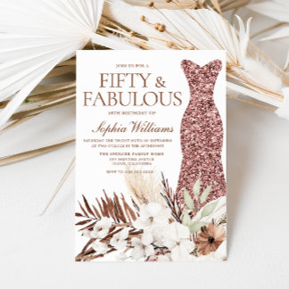 Boho White Floral Rose Gold Dress 50. Geburtstag Einladung