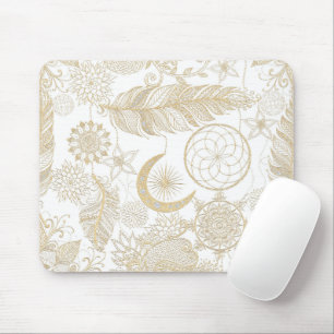 Boho White Gold Floral Feathers Dreamcatcher Mousepad