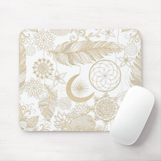 Boho White Gold Floral Feathers Dreamcatcher Mousepad (Mit Mouse)