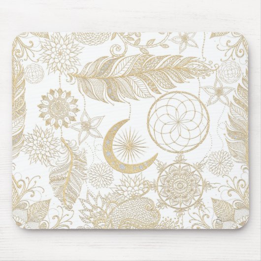 Boho White Gold Floral Feathers Dreamcatcher Mousepad (Vorne)