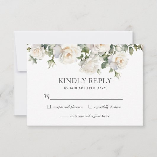 Boho White Ivory Rose Blumengrün Hochzeit RSVP Karte (Vorderseite)