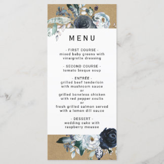 Boho White Navy Peony Imitate Brown Kraft Wedding Menükarte