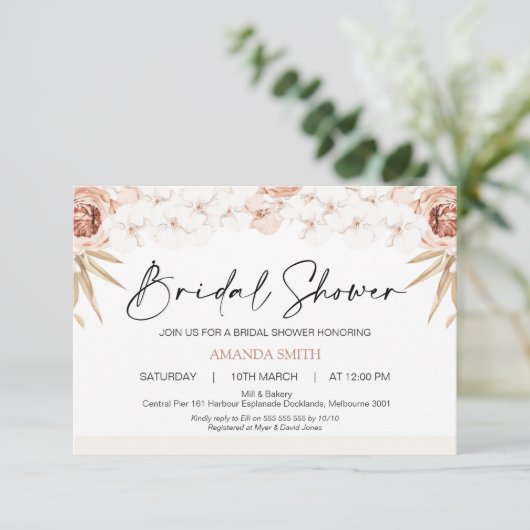 Boho White Orchards Palm Leaf Brautparty Einladung (Stehend Vorderseite)