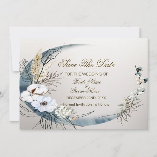 Boho White Orchid Blume Blue Moon Elegantes Party Save The Date (Vorderseite)