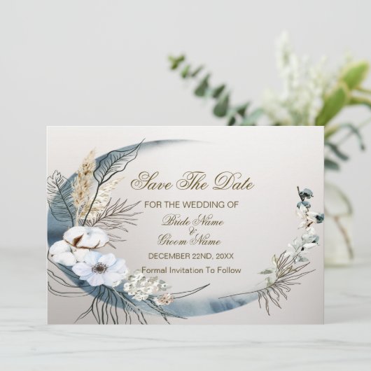 Boho White Orchid Blume Blue Moon Elegantes Party Save The Date (Stehend Vorderseite)