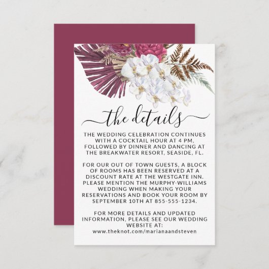 Boho White Orchids Blush Burgundy Floral Wedding E Begleitkarte (Vorne/Hinten)