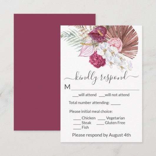 Boho White Orchids Blush Burgundy Floral Wedding RSVP Karte (Vorne/Hinten)