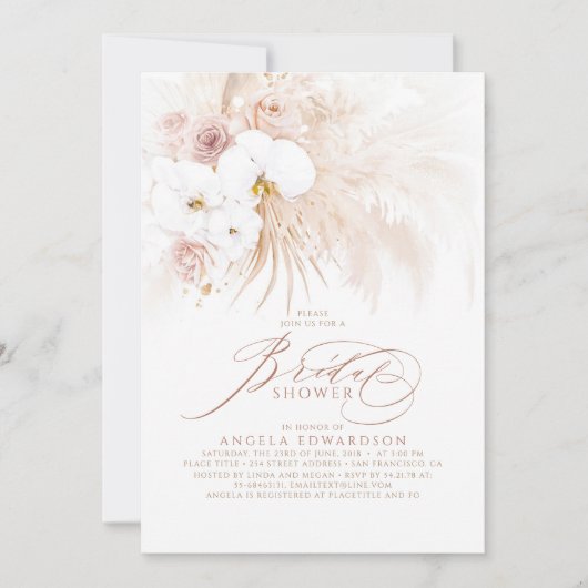 Boho White Orchids Pampas Grass Brautparty Einladung (Vorderseite)