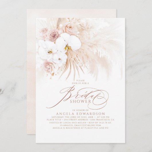 Boho White Orchids Pampas Grass Brautparty Einladung (Vorne/Hinten)