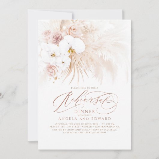 Boho White Orchids Pampas Grass Probe Dinner Einladung (Vorderseite)