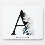 Boho White Orchids Tropical Letter A Monogram Mousepad<br><div class="desc">Fügen Sie Ihrem Raum mit diesem tropischen Monogramm-Mousepad einen boho-tropischen Akzent hinzu. Es ist mit weißen Blume in Aquarelltönen,  weißen Korallen und tropischen Blätter ausgestattet. Dieser Brief Ein Monogramm Mousepad wird als Geschenk perfekt sein.</div>