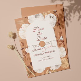 Boho White Peonies Terracotta Save the Date Karte