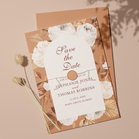 Boho White Peonies Terracotta Save the Date Karte