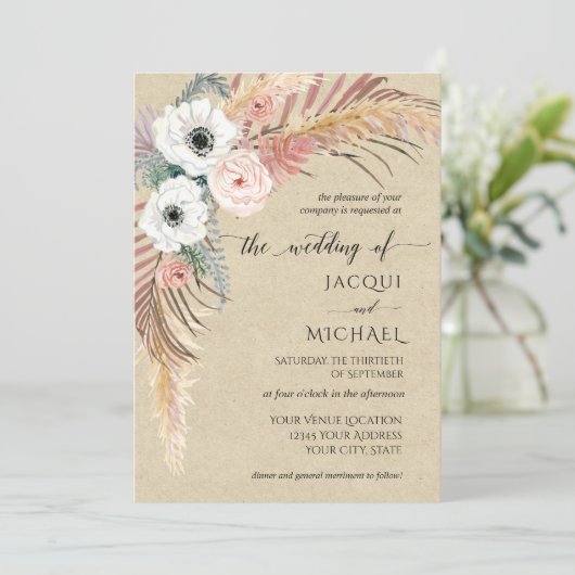 Boho White Pink Floral Pampen Grass Foliut Kraft Einladung (Stehend Vorderseite)