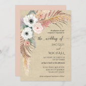 Boho White Pink Floral Pampen Grass Foliut Kraft Einladung (Vorne/Hinten)