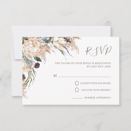 Boho White Protea Pampas Grass Wedding RSVP Card Karte (Vorderseite)