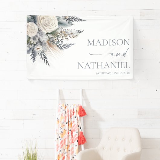 Boho White Rose Blumengarten Hochzeit Banner (Insitu)