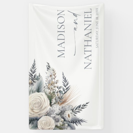 Boho White Rose Blumengarten Hochzeit Banner (Vertikal)