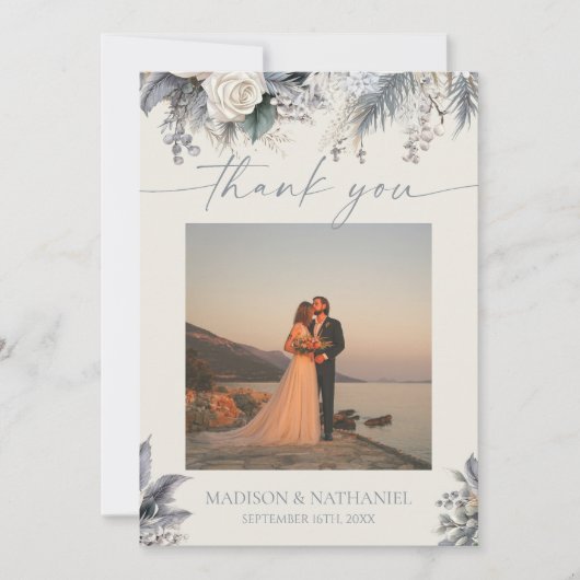 Boho White Rose Blumengarten Hochzeit Dankeskarte (Vorderseite)