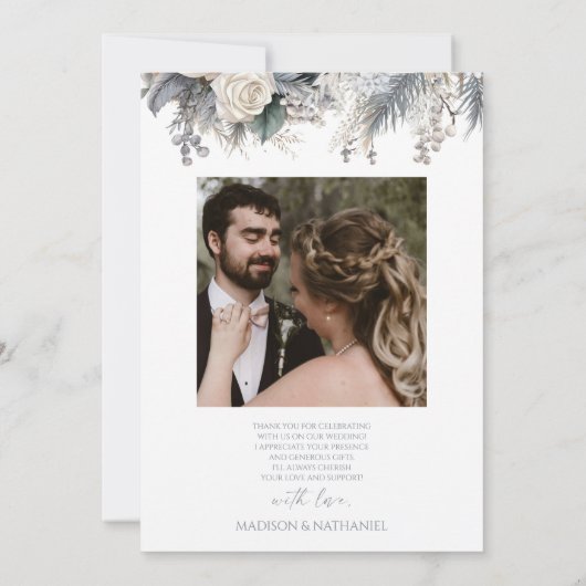 Boho White Rose Blumengarten Hochzeit Dankeskarte (Rückseite)