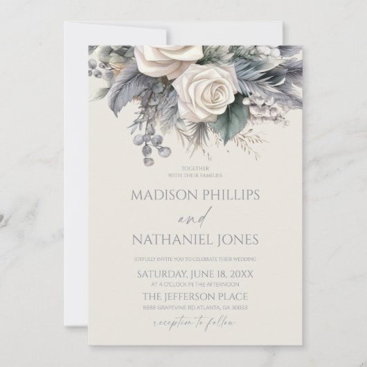 Boho White Rose Blumengarten Hochzeit Einladung (Vorderseite)