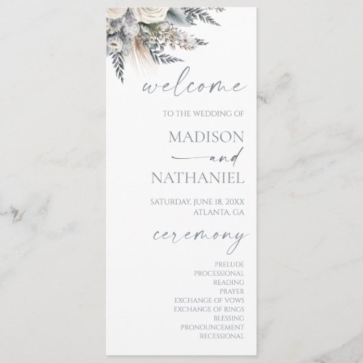 Boho White Rose Blumengarten Hochzeit Programm (Vorderseite)