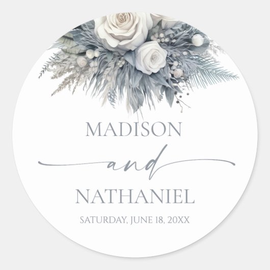 Boho White Rose Blumengarten Hochzeit Runder Aufkleber (Vorderseite)