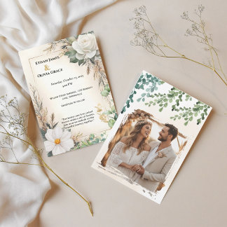 Boho White Rose Eucalyptus Gold Invite Einladung