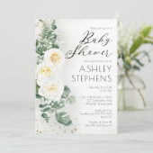 Boho White Rose Floral | Eucalyptus Baby Shooter Einladung (Stehend Vorderseite)