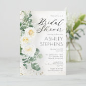 Boho White Rose Floral | Eukalyptus-Brautparty Einladung (Stehend Vorderseite)