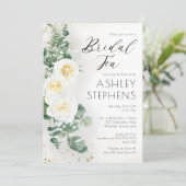 Boho White Rose Floral | Eukalyptus Bridal Tee Einladung (Stehend Vorderseite)